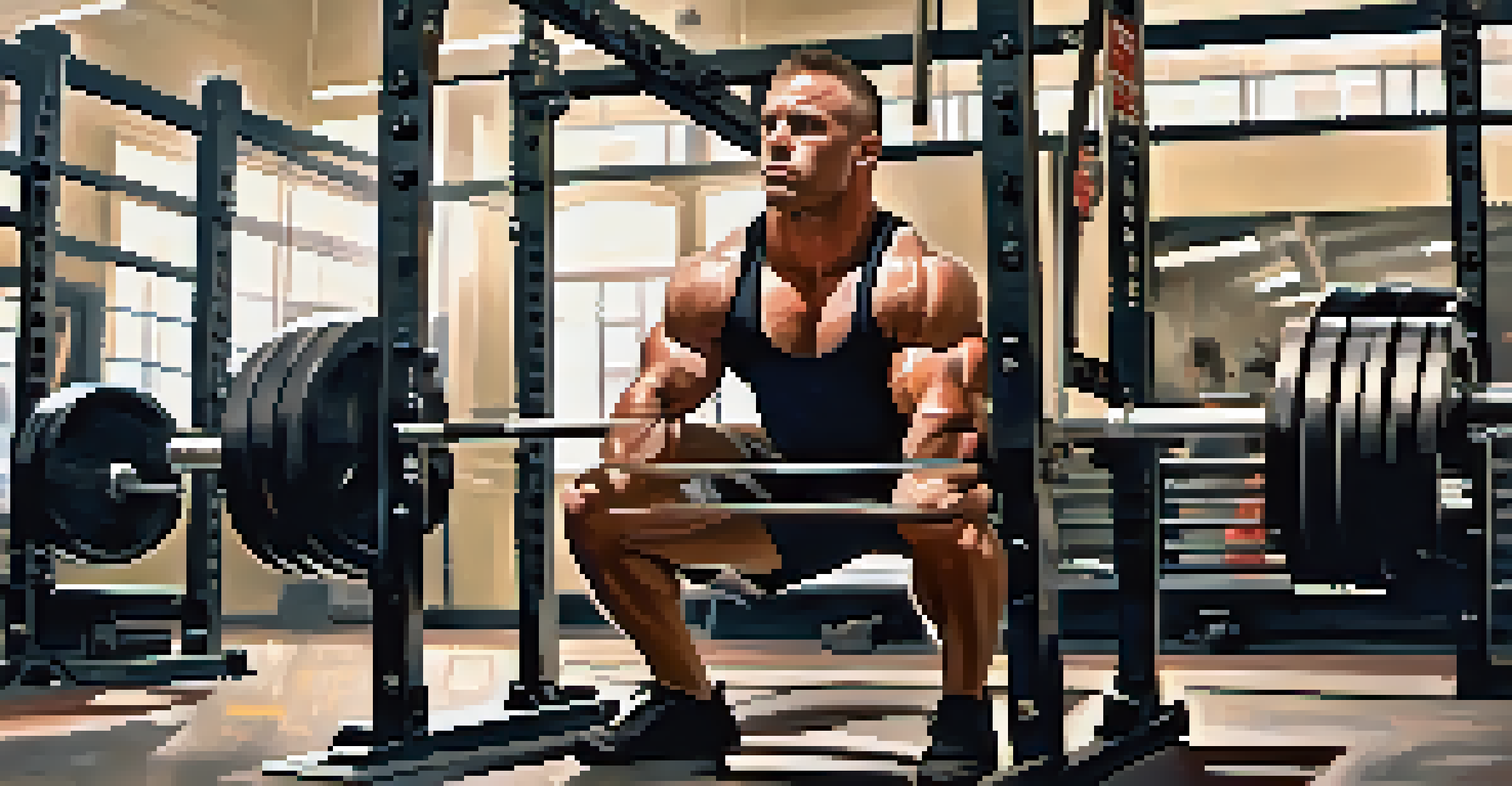 A powerlifter squatting in a gym, showing determination and strength, with weights and gym equipment in the background.