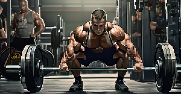 A powerlifter in a gym, focused on lifting a heavy barbell surrounded by weights and gym equipment.