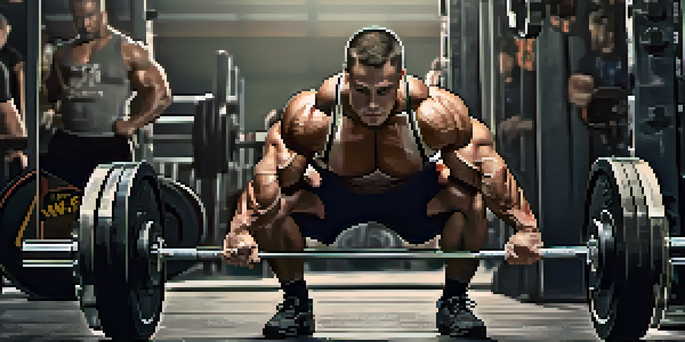 A powerlifter in a gym, focused on lifting a heavy barbell surrounded by weights and gym equipment.