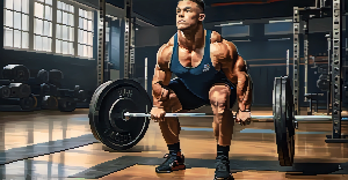 A powerlifter performing a squat in a gym, showcasing strength and focus.