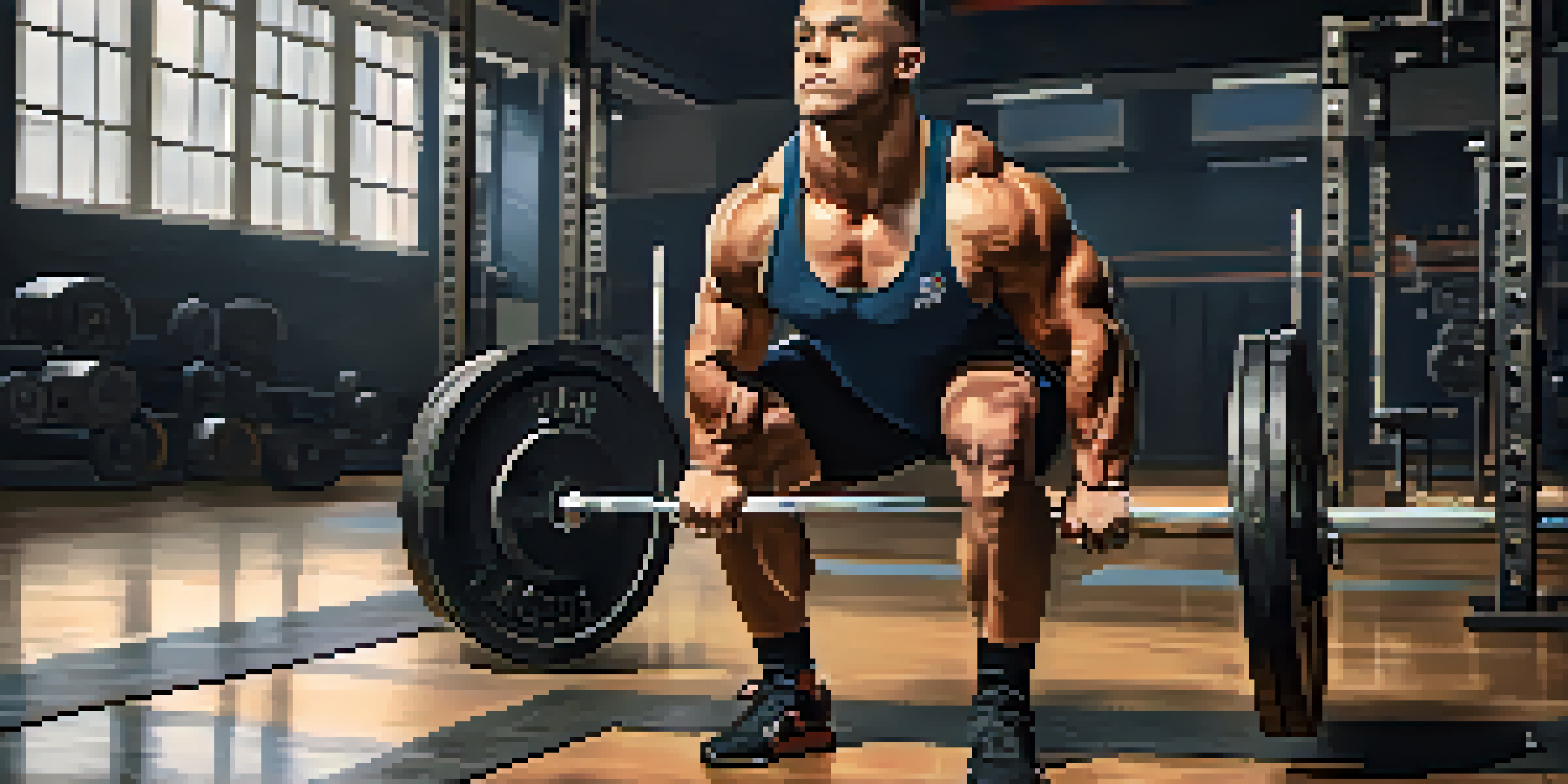 A powerlifter performing a squat in a gym, showcasing strength and focus.