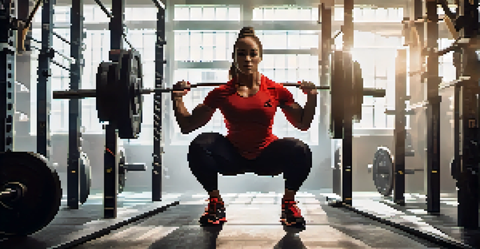 A female powerlifter performing a squat in a gym, demonstrating strength and determination.