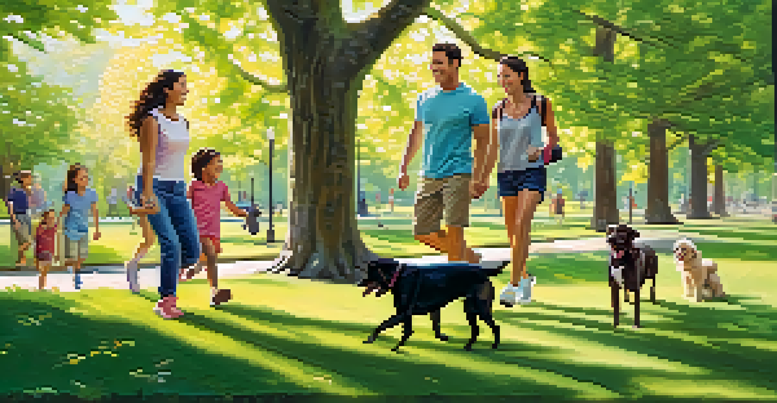 A family taking a walk in a park on a sunny day, enjoying quality time together while staying active.