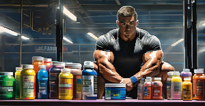 A powerlifter focused on lifting weights, with various colorful supplement containers displayed on a gym bench.