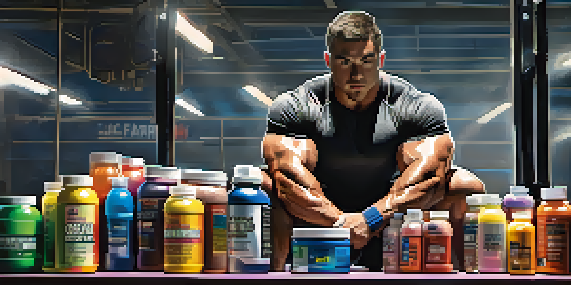 A powerlifter focused on lifting weights, with various colorful supplement containers displayed on a gym bench.