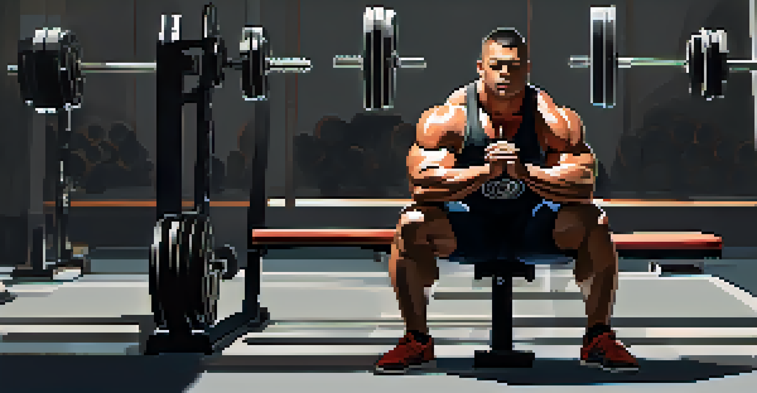 A powerlifter sitting calmly on a bench, practicing breathing exercises with a focused expression and workout gear nearby.