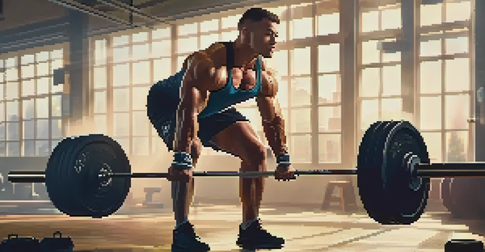 A powerlifter lifting a barbell in a gym, demonstrating proper deadlift form with weights and fitness equipment in the background.