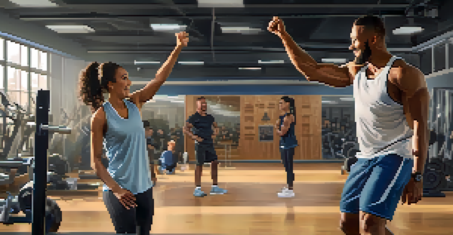 A mentor and mentee celebrating after a personal best lift in a gym, with expressions of joy and determination.