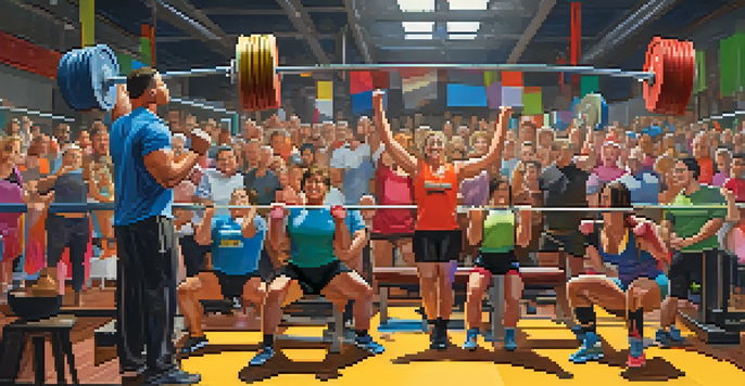 A lively powerlifting fundraiser in a gym, with athletes lifting weights and spectators cheering.