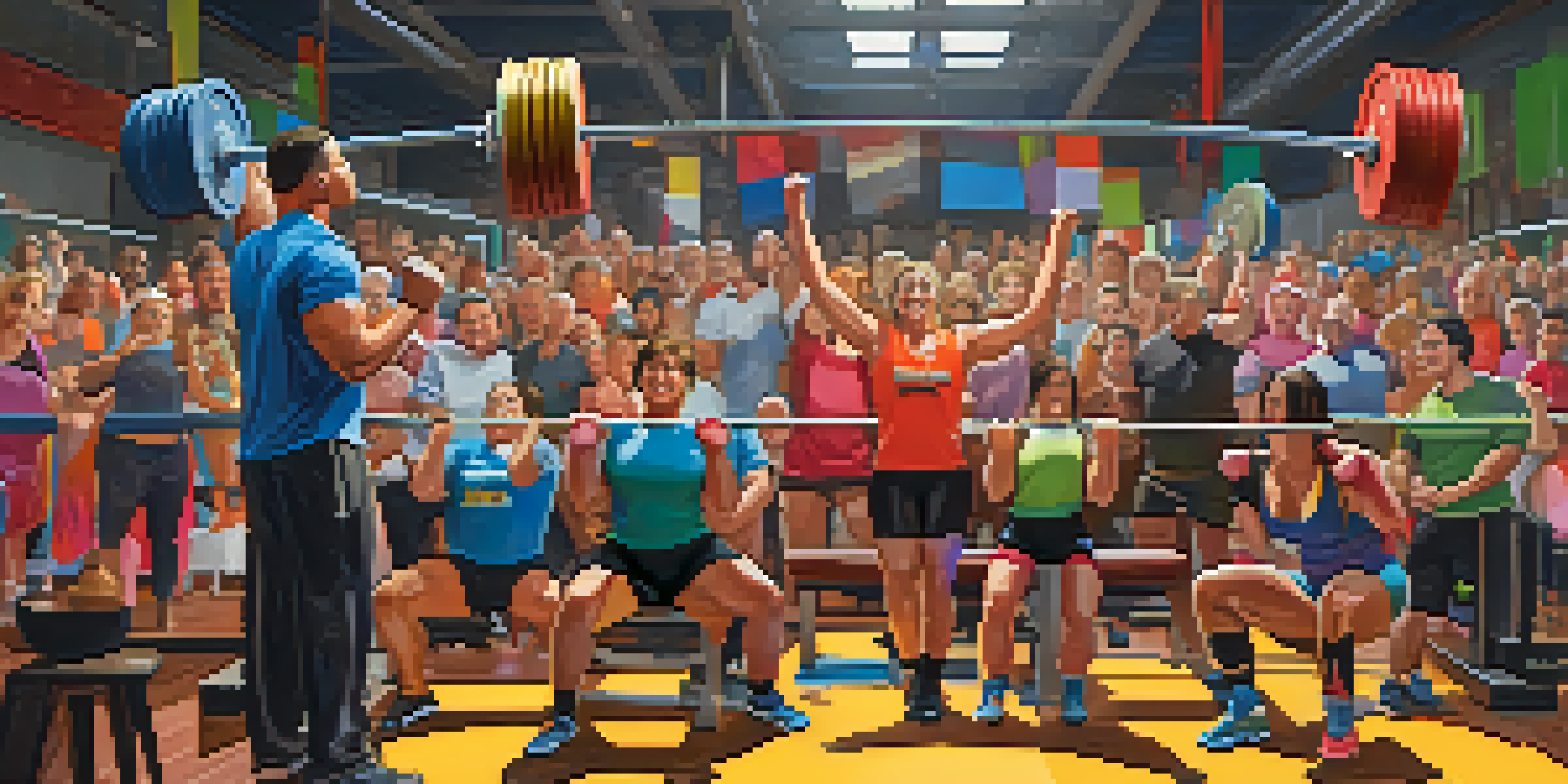 A lively powerlifting fundraiser in a gym, with athletes lifting weights and spectators cheering.