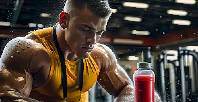 A powerlifter taking a drink from a water bottle in a gym, with weights in the background and sweat glistening on their skin.