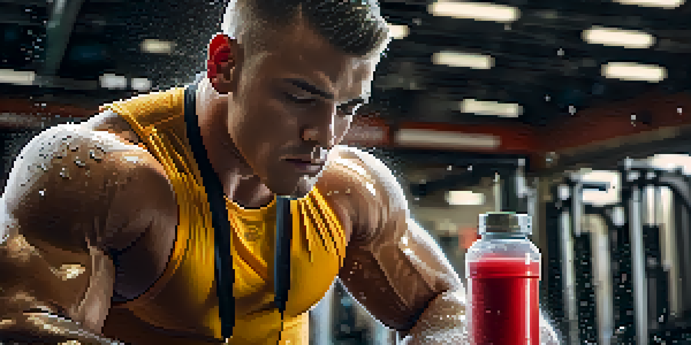 A powerlifter taking a drink from a water bottle in a gym, with weights in the background and sweat glistening on their skin.
