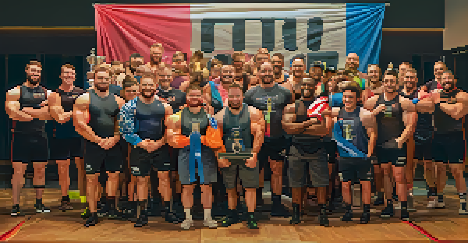 A cheerful group photo of a powerlifting team celebrating, holding trophies and smiling under a 'Together We Lift' banner with sunlight streaming in.