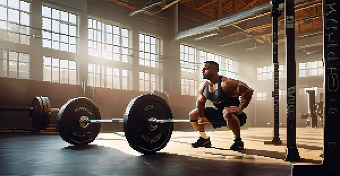 A powerlifter in a gym performing a squat with a barbell, exhibiting strong form and focus, with gym equipment and motivational posters in the background.