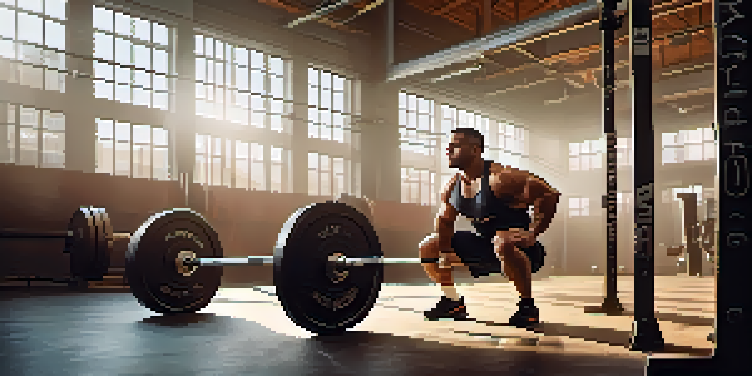 A powerlifter in a gym performing a squat with a barbell, exhibiting strong form and focus, with gym equipment and motivational posters in the background.