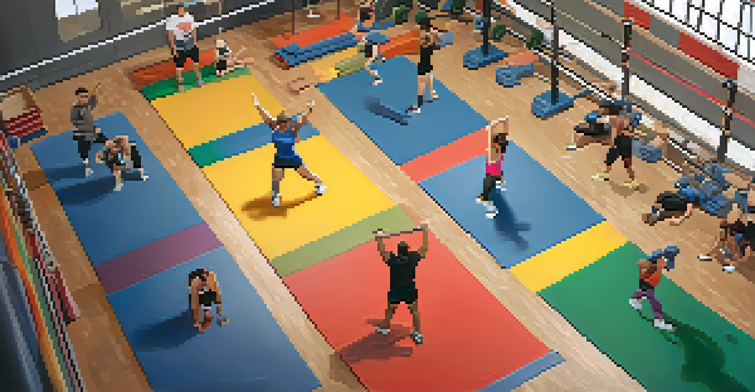 A group of diverse powerlifters performing a dynamic warm-up routine with various exercises in a gym setting.