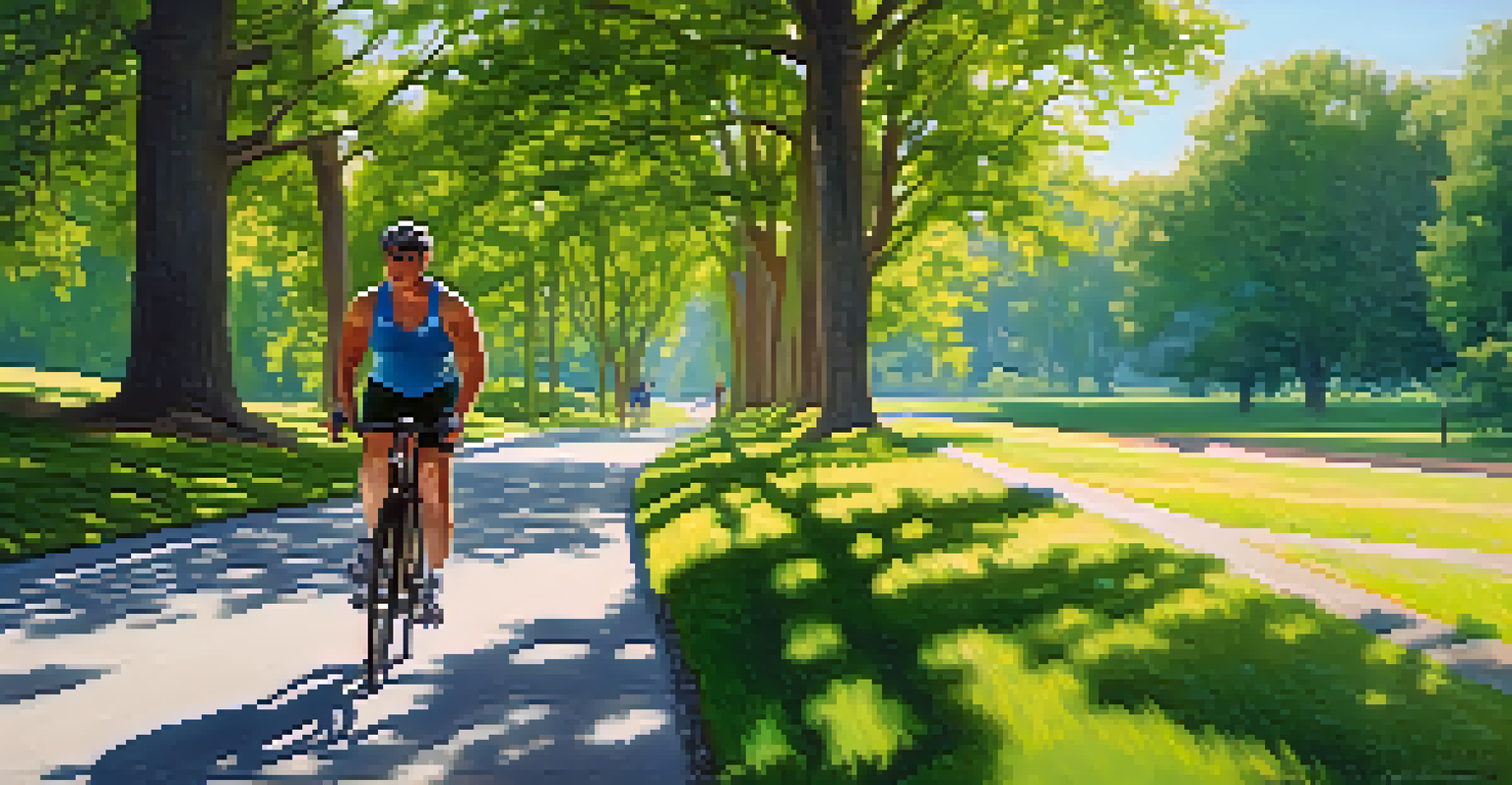 A powerlifter cycling on a scenic outdoor path surrounded by trees and clear blue sky, depicting low-intensity cardio.