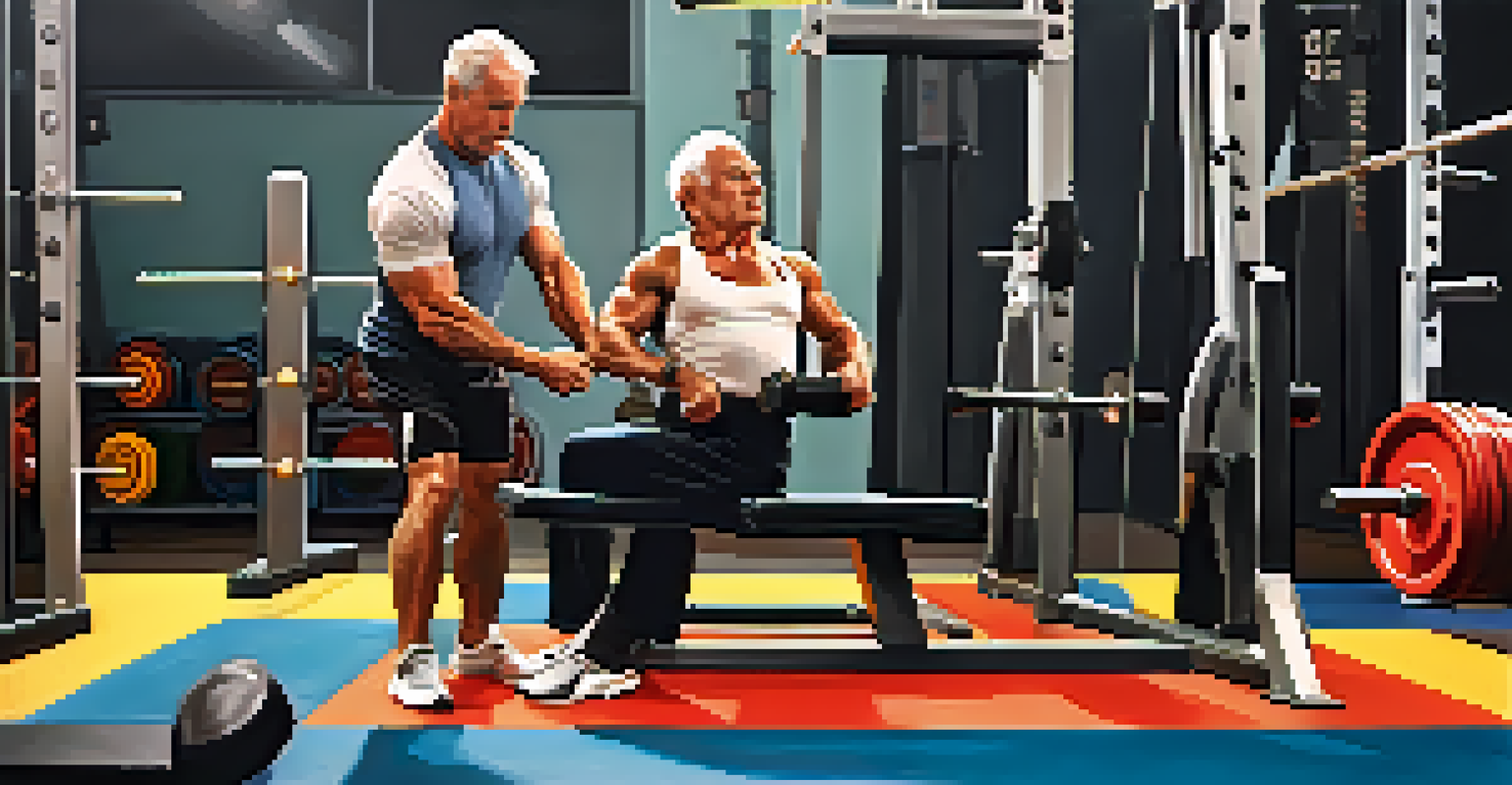 An older adult doing a bench press with a trainer in a gym, showcasing focus and determination.