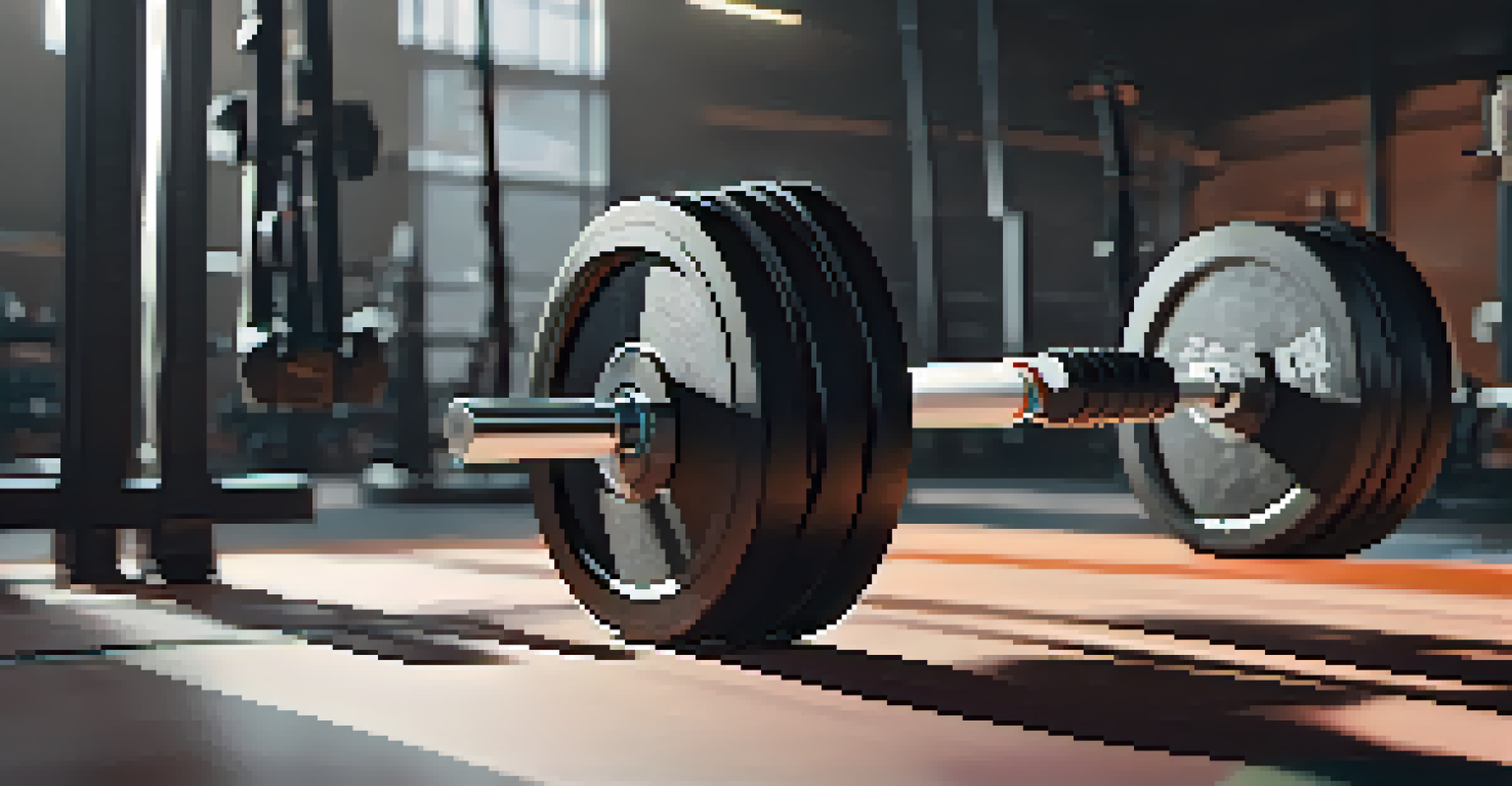 Close-up of advanced motion sensors on a powerlifting barbell in a gym setting, highlighting their technology.