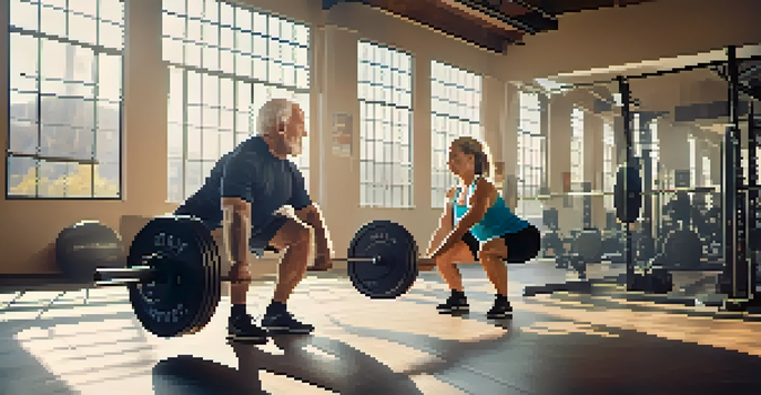 An elderly couple engaged in powerlifting exercises in a gym, focusing on their squat technique with light weights.