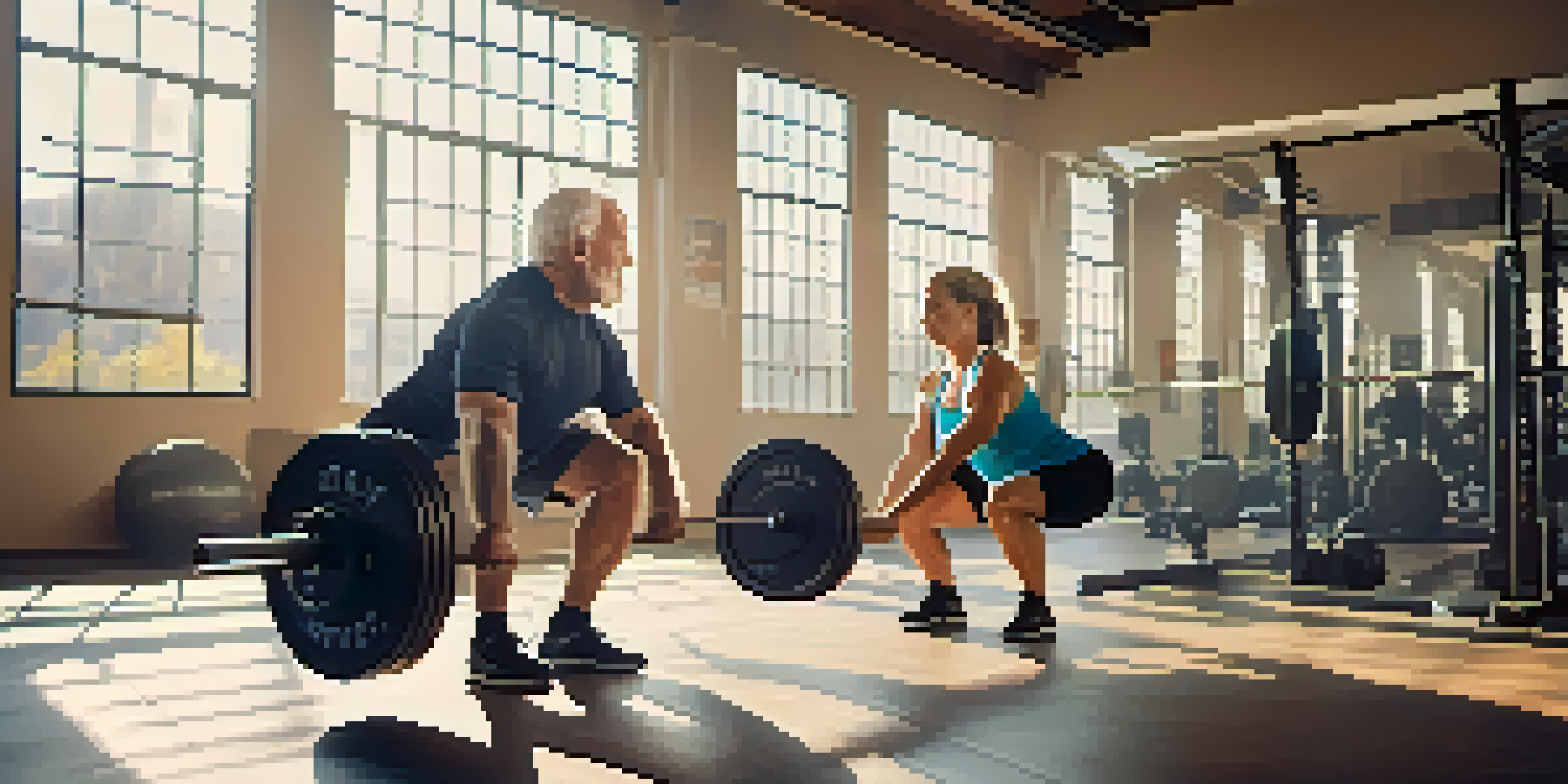 An elderly couple engaged in powerlifting exercises in a gym, focusing on their squat technique with light weights.