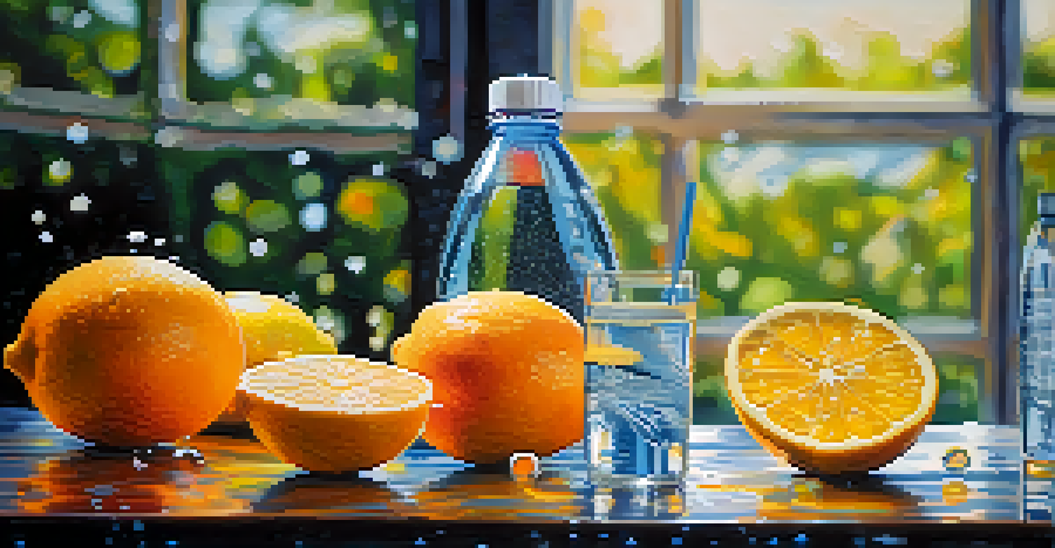 A water bottle with droplets, surrounded by vibrant fruits, symbolizing hydration for athletes.