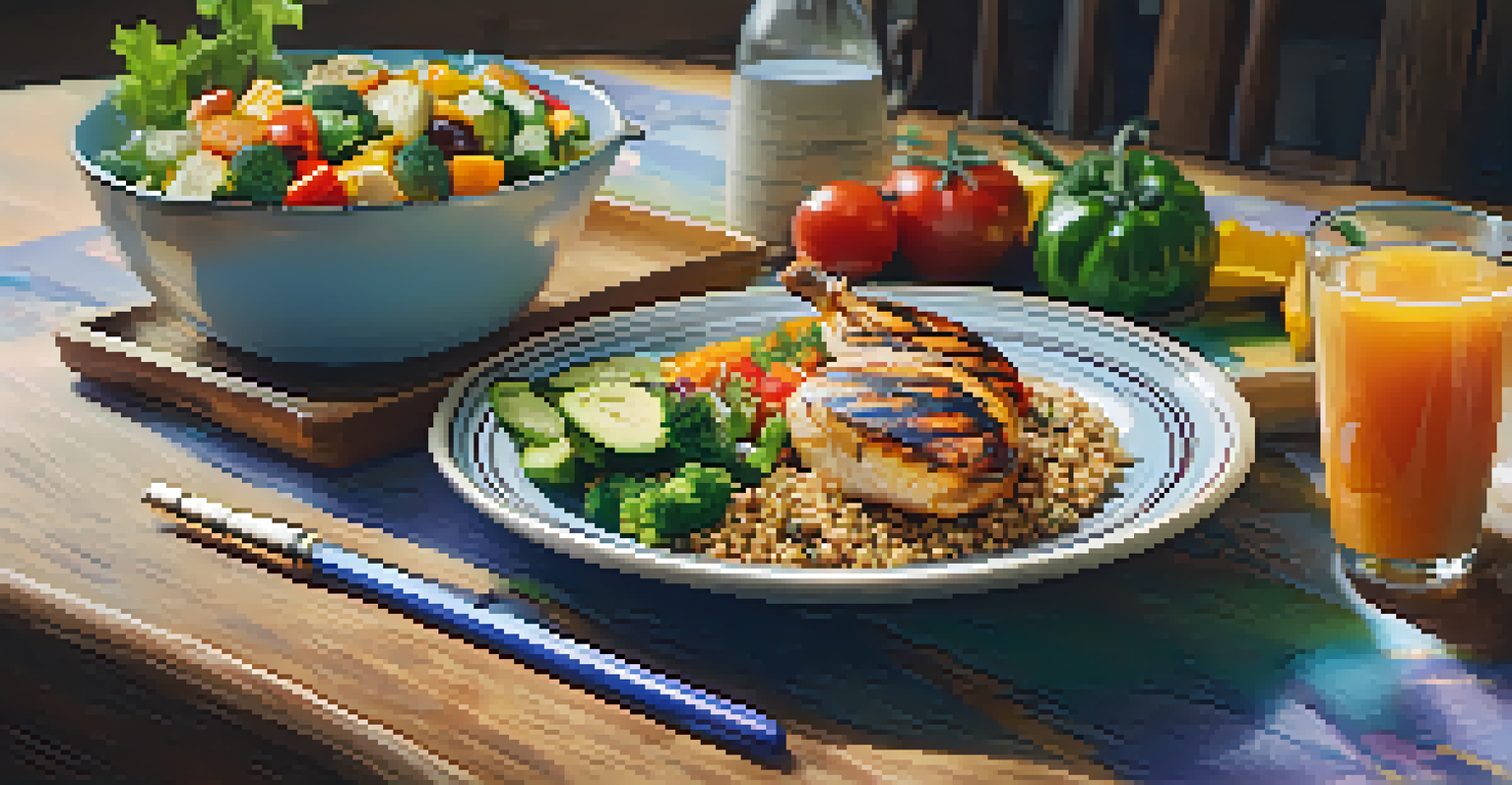 A healthy meal with grilled chicken and vegetables on a wooden table, with a notebook in the background.