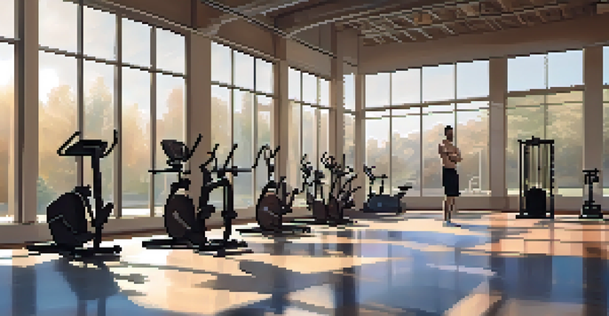 A lifter doing dynamic stretches in a quiet gym at dawn, with soft light coming through the windows.