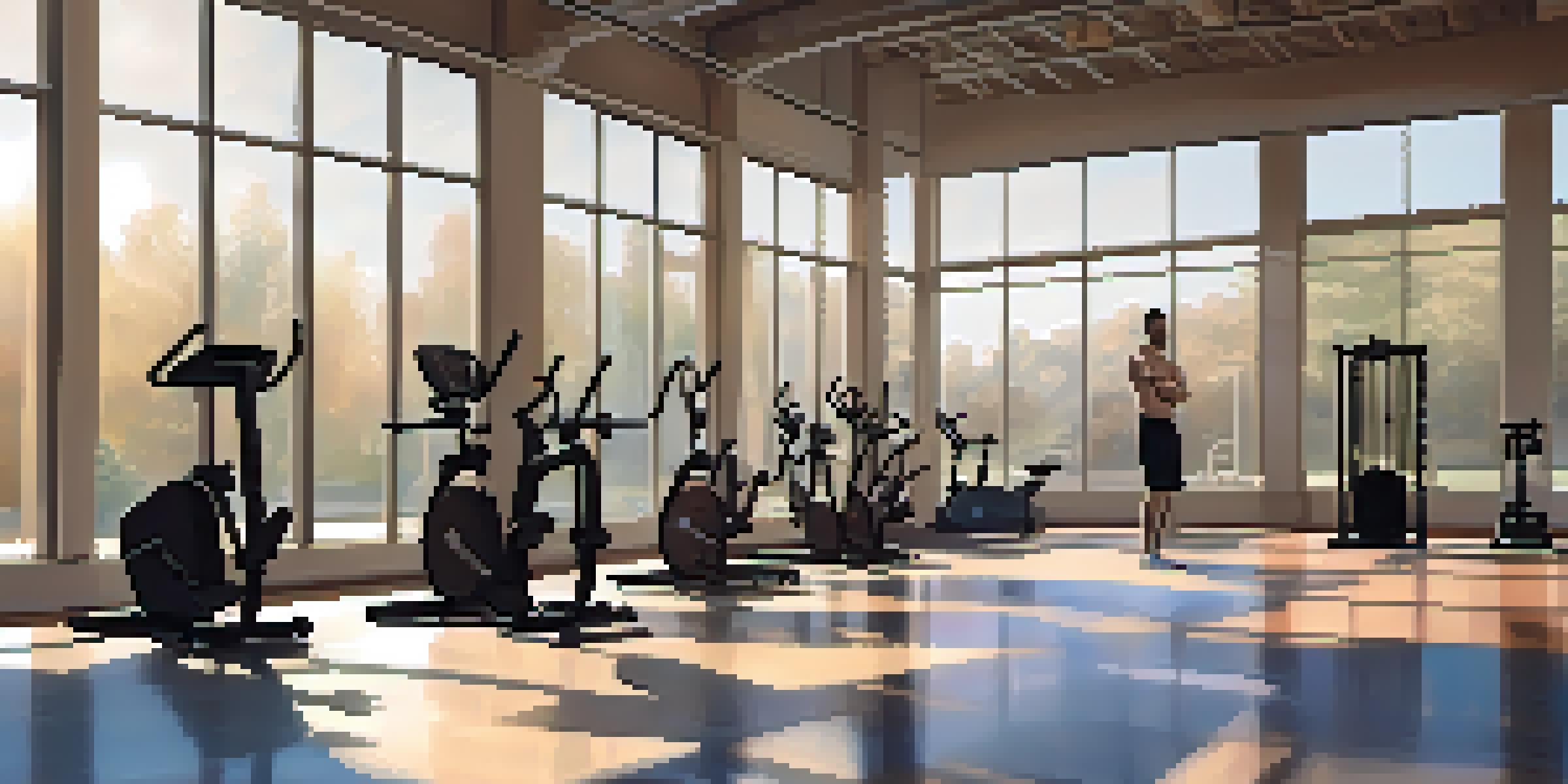 A lifter doing dynamic stretches in a quiet gym at dawn, with soft light coming through the windows.