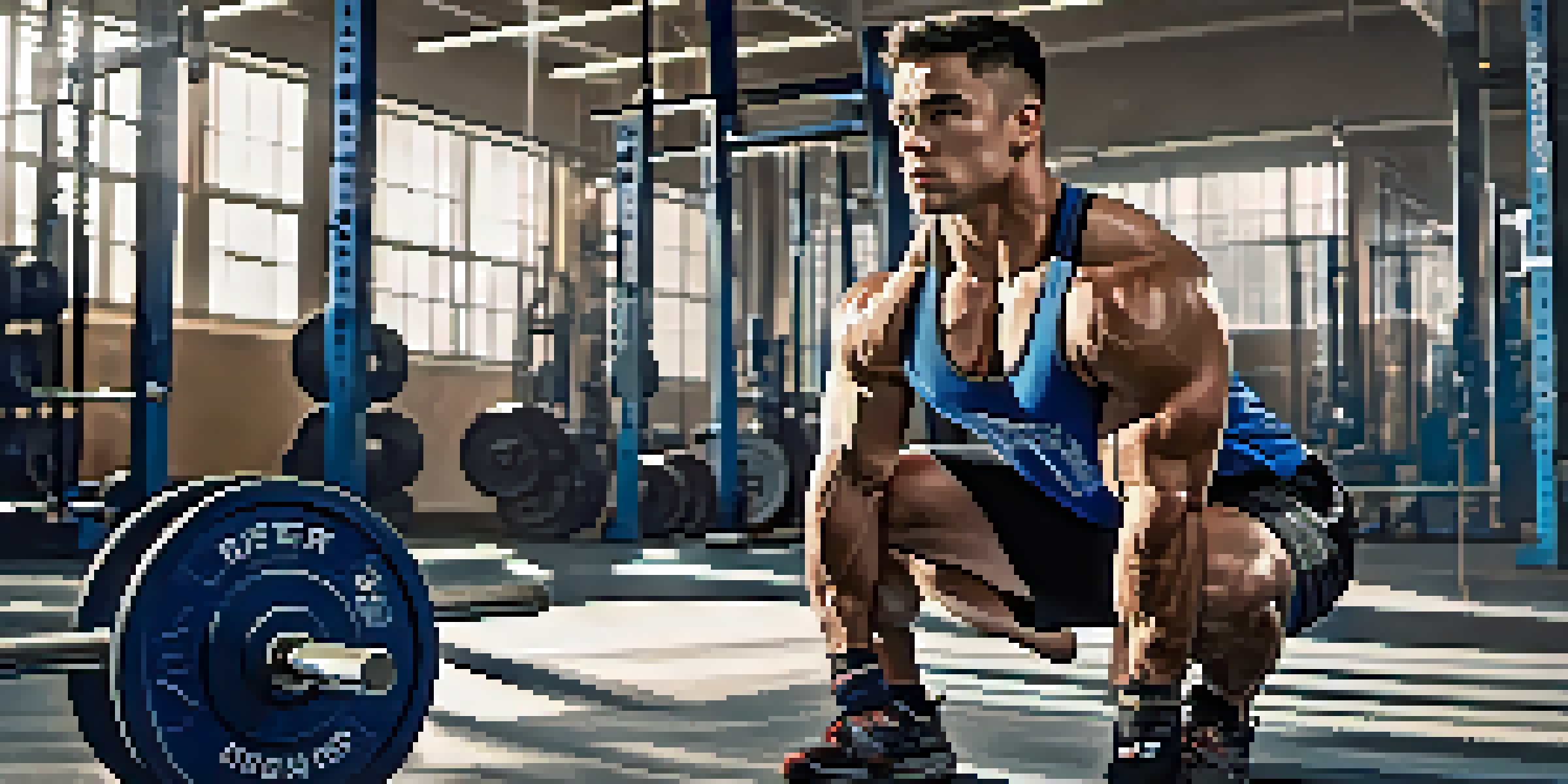 A focused powerlifter squatting with weights in a gym, showcasing strength and determination under warm lighting.