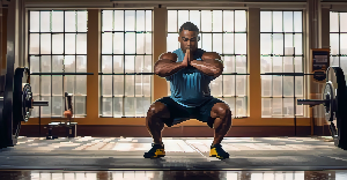 A powerlifter in a gym performing a deep squat with a focused expression, surrounded by gym equipment and natural light.