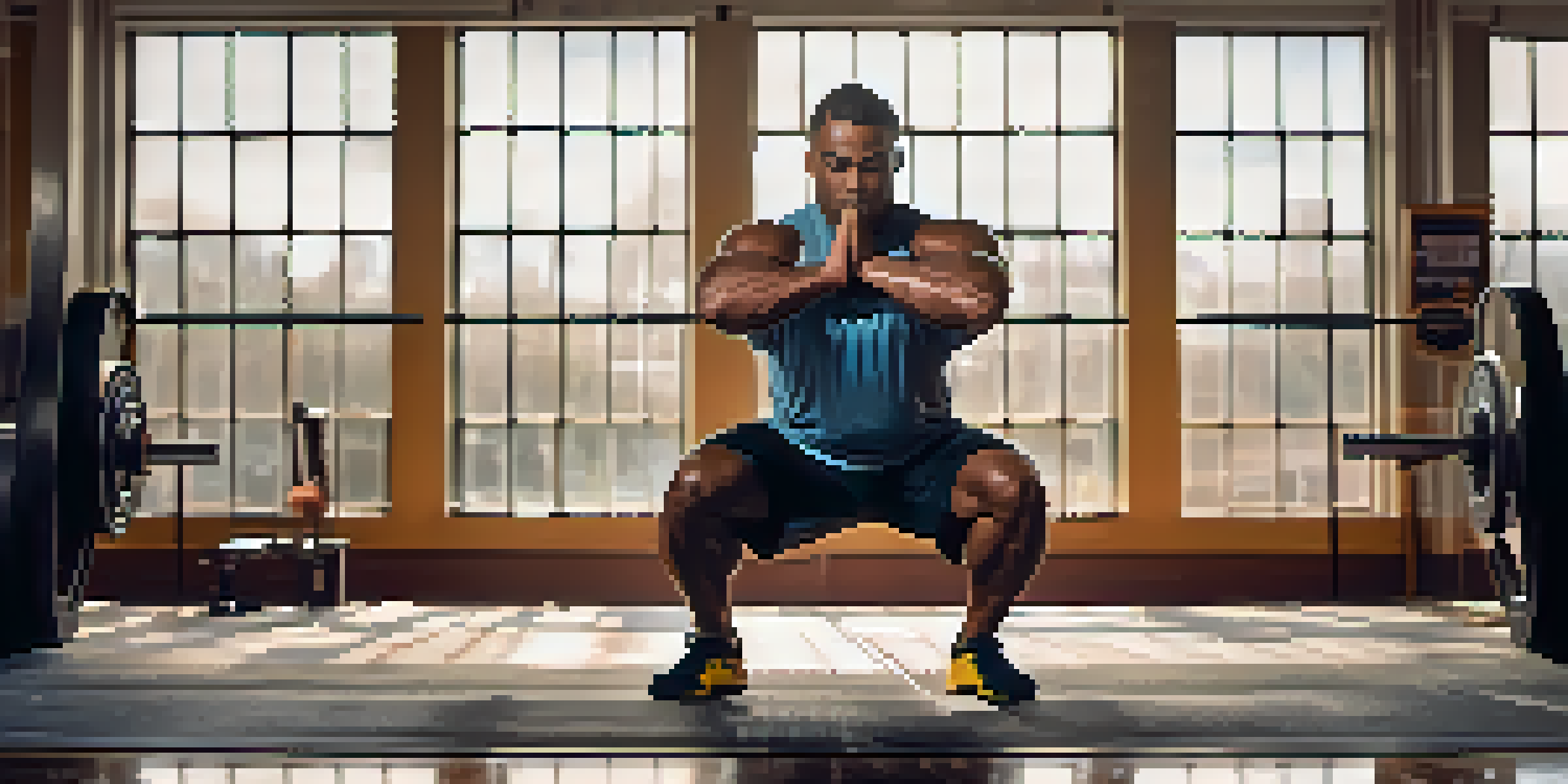 A powerlifter in a gym performing a deep squat with a focused expression, surrounded by gym equipment and natural light.