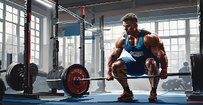 A powerlifting athlete squatting with a heavy barbell in a gym, demonstrating strength and focus.