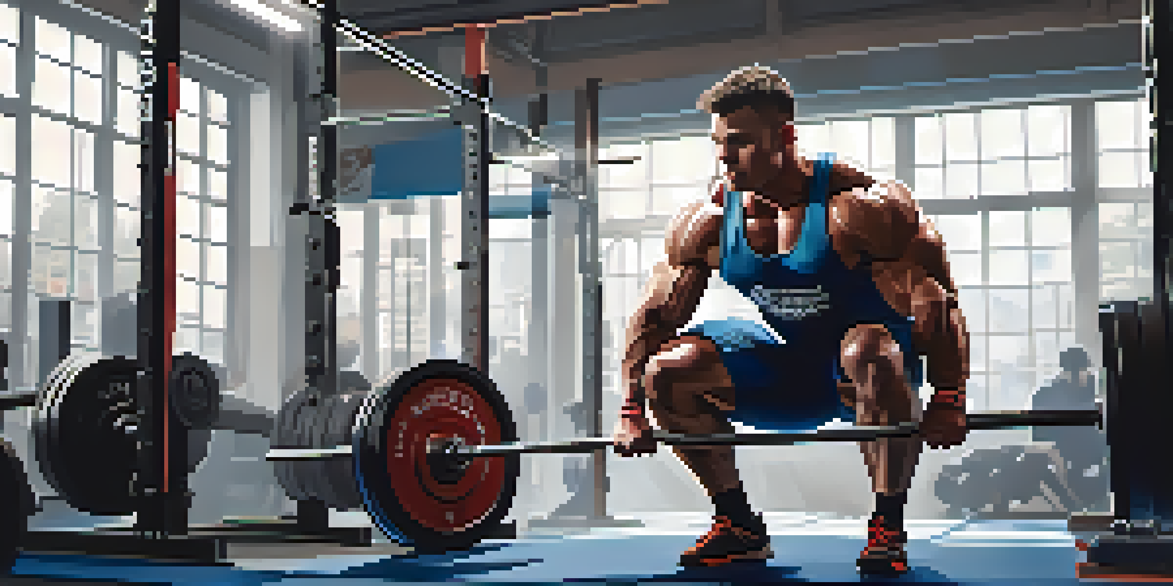 A powerlifting athlete squatting with a heavy barbell in a gym, demonstrating strength and focus.