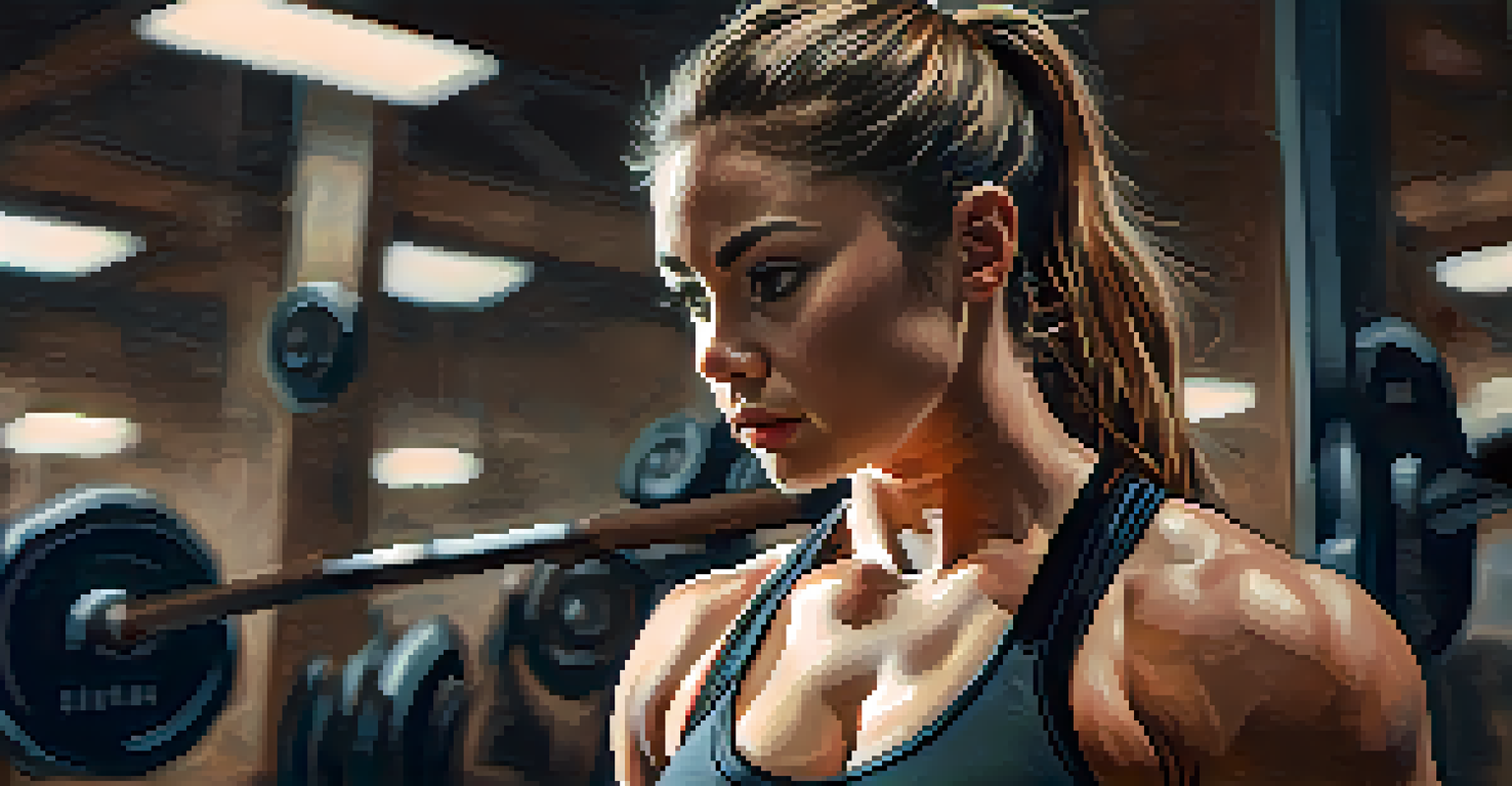 A female powerlifter preparing for a deadlift in a gym, showcasing her muscles and determination in a focused moment.