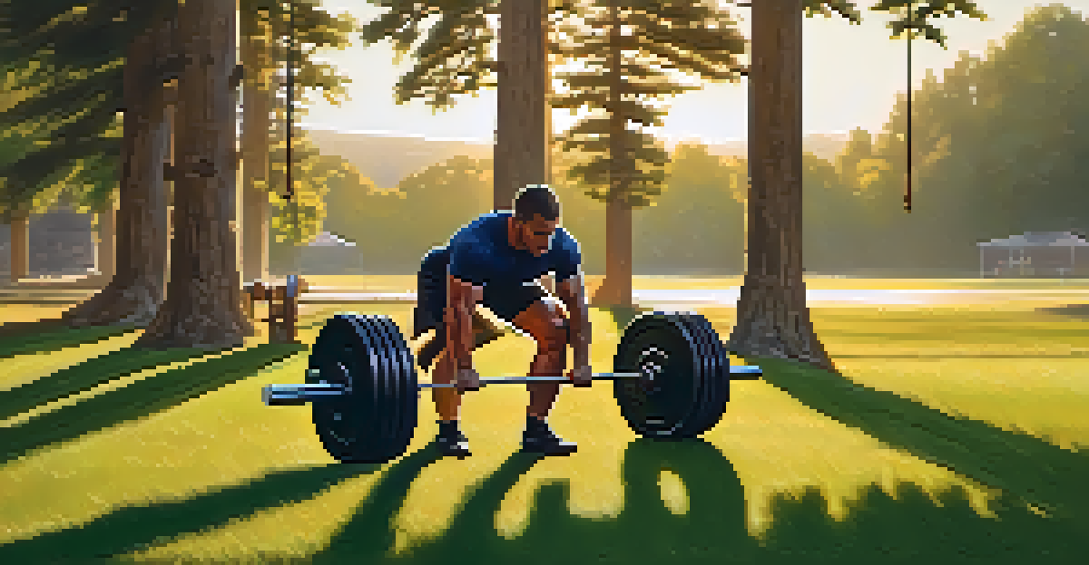 A powerlifter performing a deadlift outdoors during sunset, surrounded by nature and greenery.
