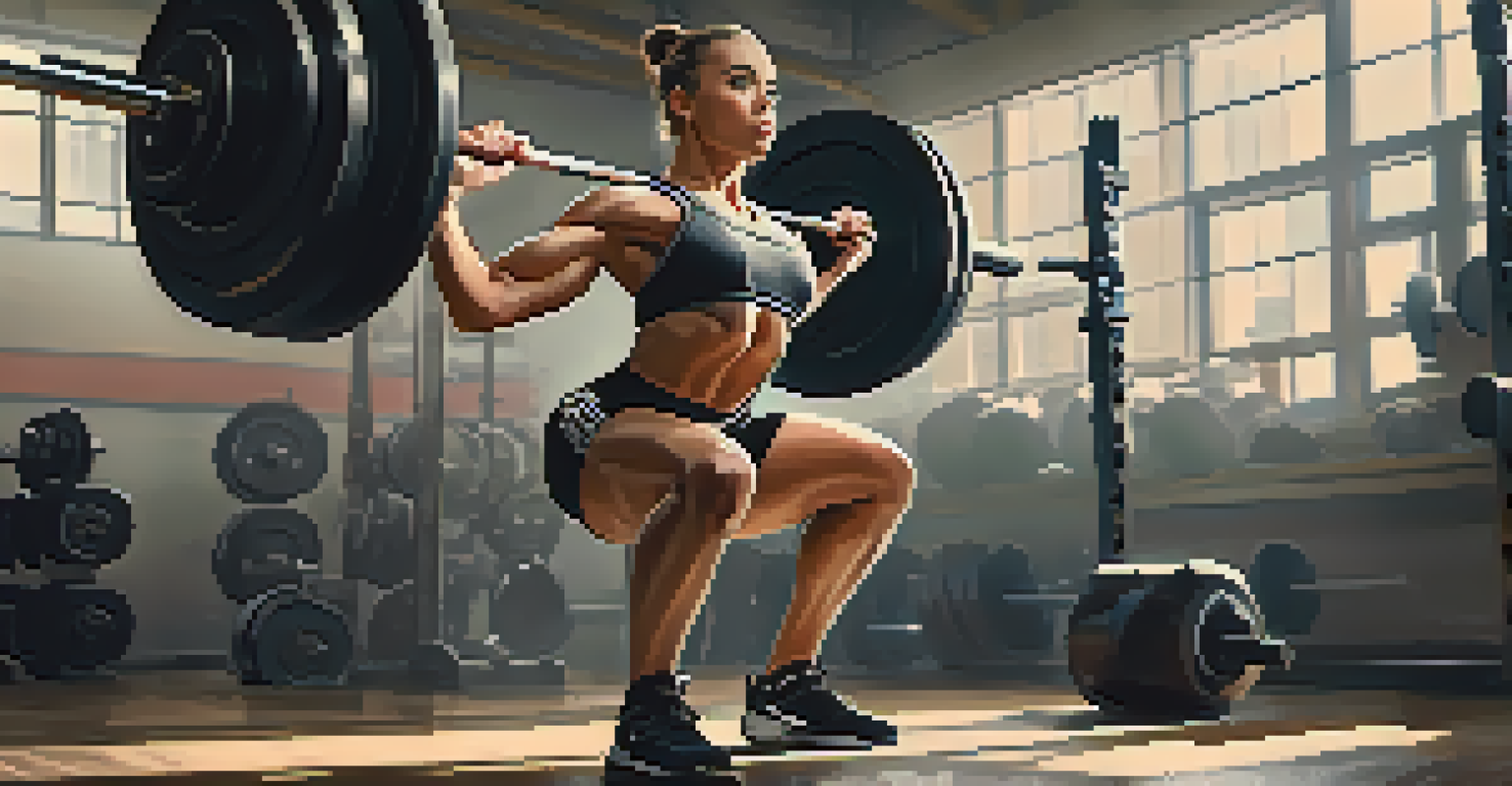 A powerlifter in knee sleeves executing a squat, with a focused expression and a well-lit gym background.