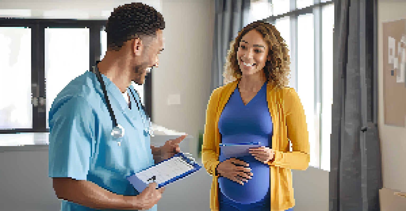 A healthcare professional and a pregnant woman having a friendly discussion in a consultation room, with a clipboard in hand.