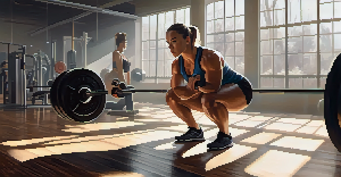 A focused beginner powerlifter performing a squat in a well-lit gym, with weights and equipment around them.