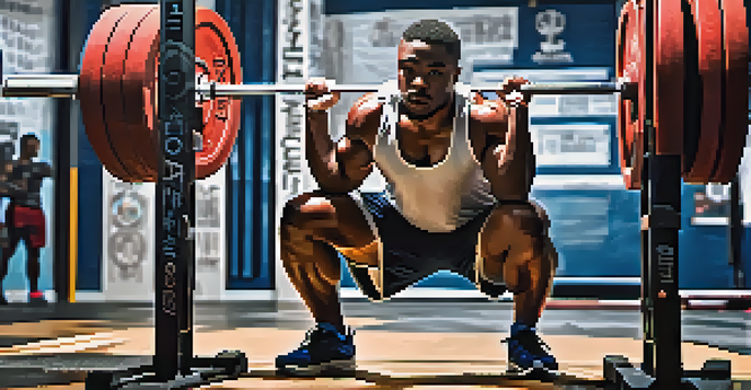 A muscular powerlifter in a gym deep in a squat position with a barbell on their shoulders, surrounded by weights and fitness equipment.