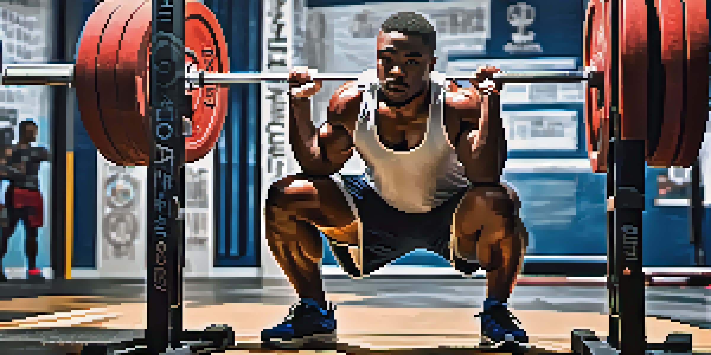 A muscular powerlifter in a gym deep in a squat position with a barbell on their shoulders, surrounded by weights and fitness equipment.