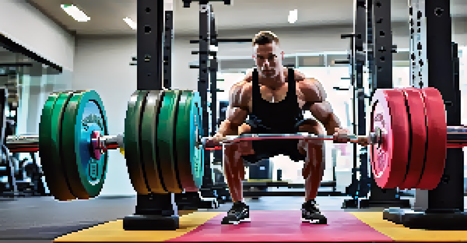 A close-up of a powerlifting barbell with colorful weights on a squat rack in a gym.