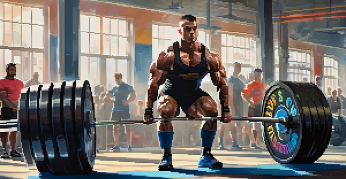 A powerlifter performing a heavy deadlift in a bright gym, with teammates around providing support.