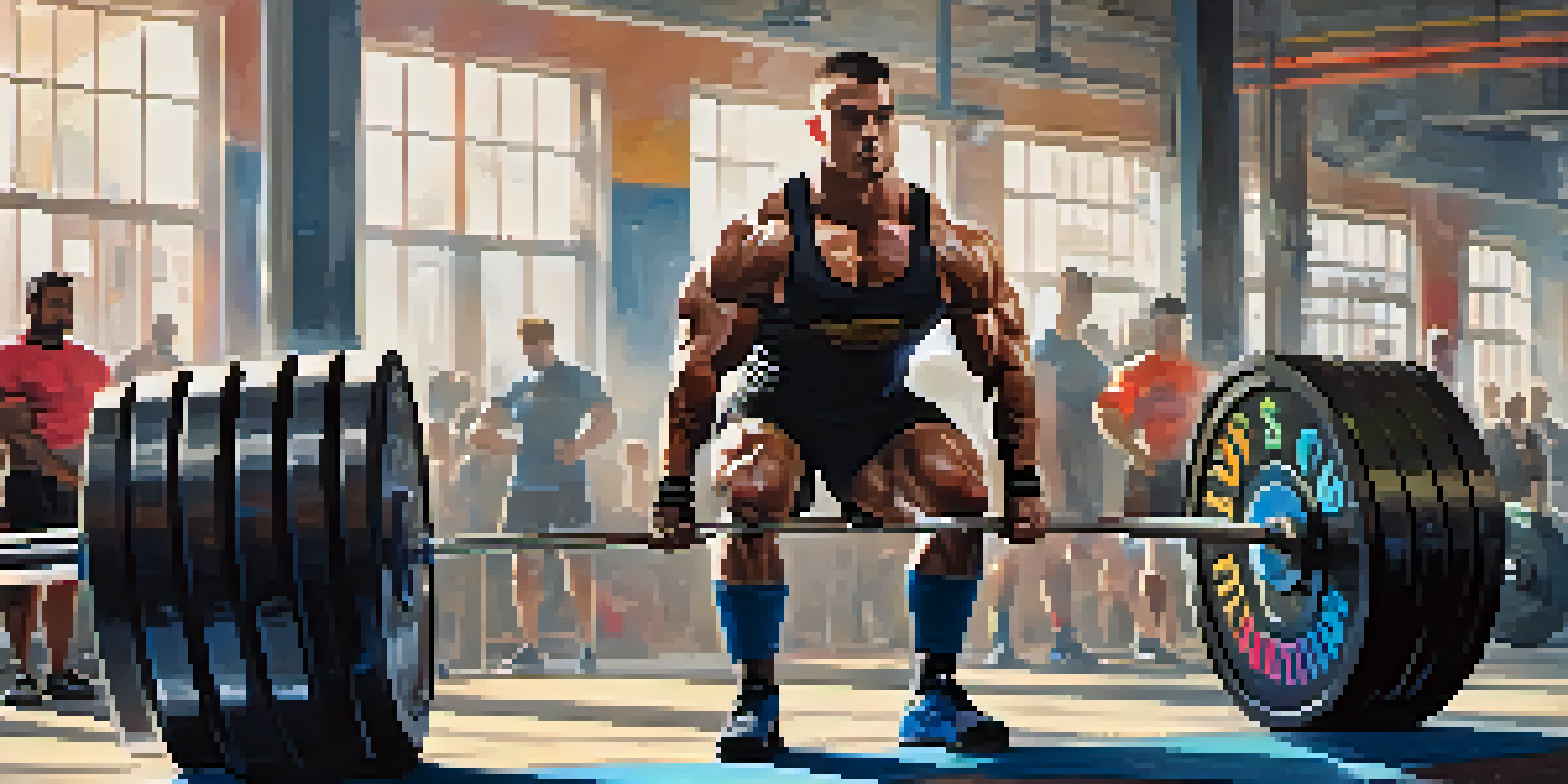 A powerlifter performing a heavy deadlift in a bright gym, with teammates around providing support.