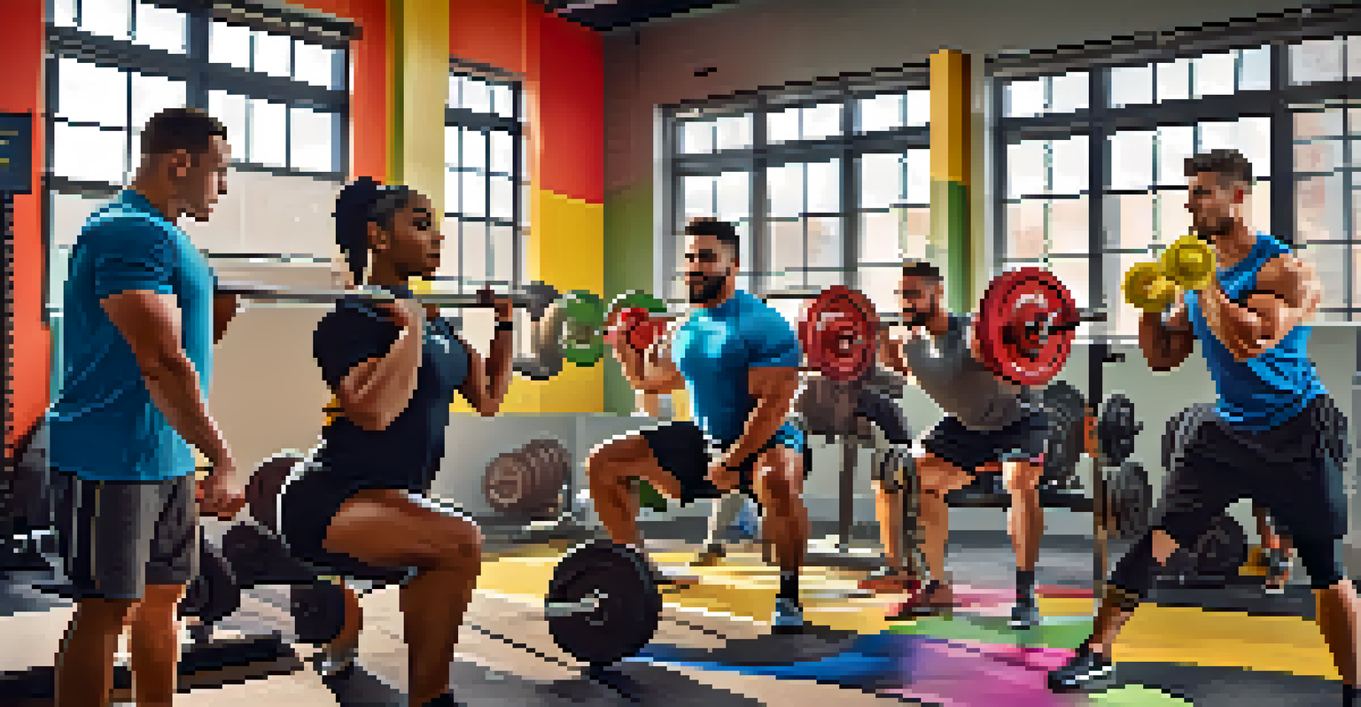 A group of people training together in a gym, performing different powerlifting exercises with supportive expressions.