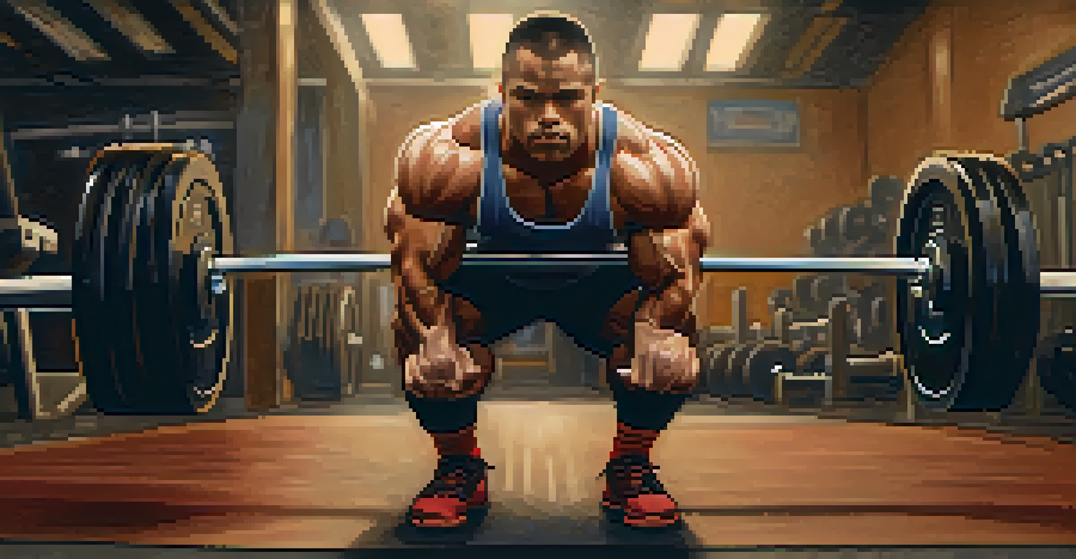 A powerlifter intensely focused before a lift, with a loaded barbell and a blurred audience in the background.