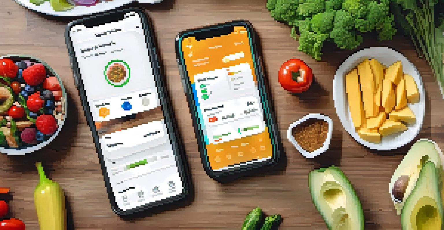 A flat lay of a nutrition tracking app next to meal prep containers filled with healthy foods on a wooden table.