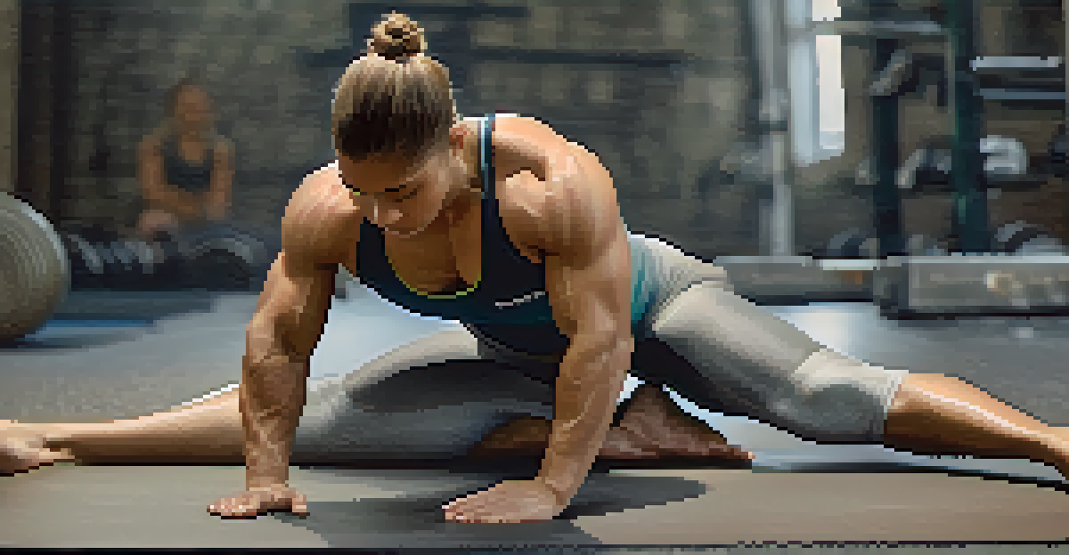 A close-up of a powerlifter performing the pigeon stretch on a yoga mat, focusing on muscle engagement, with a softly blurred background.