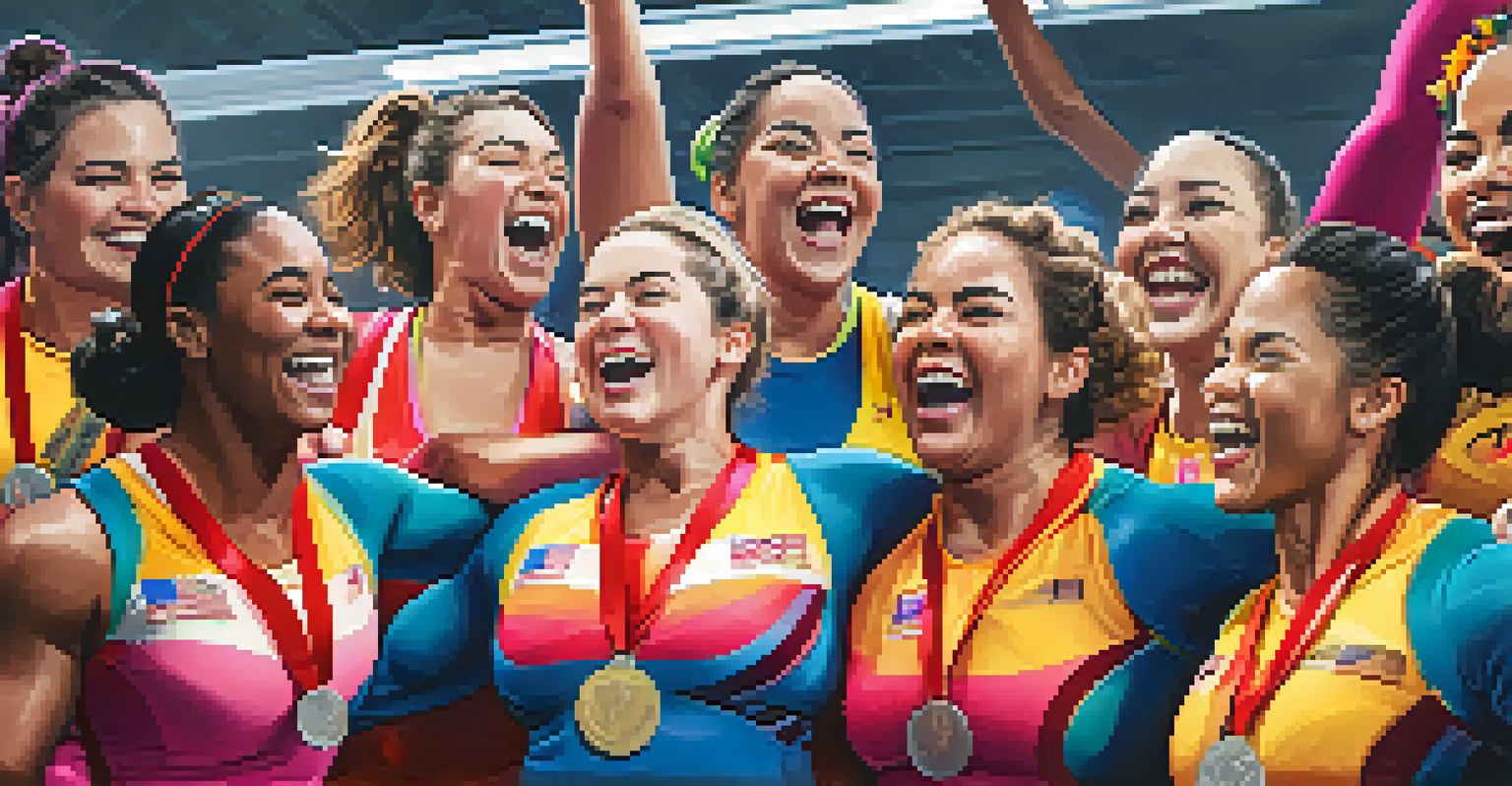 A group of diverse female powerlifters celebrating with medals after a competition in a vibrant gym.