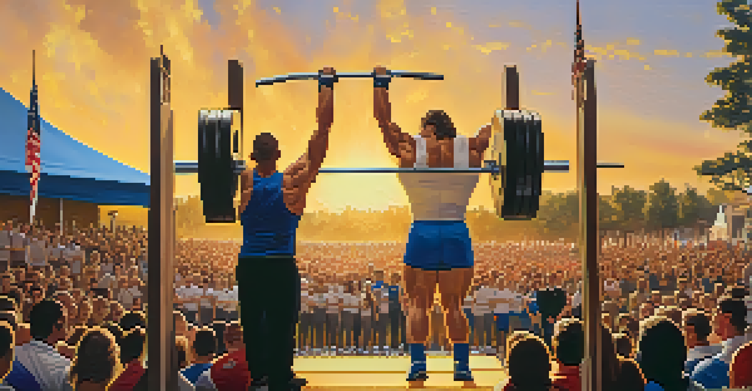 Outdoor powerlifting competition with athletes lifting weights in front of a cheering crowd, under a golden sunset.
